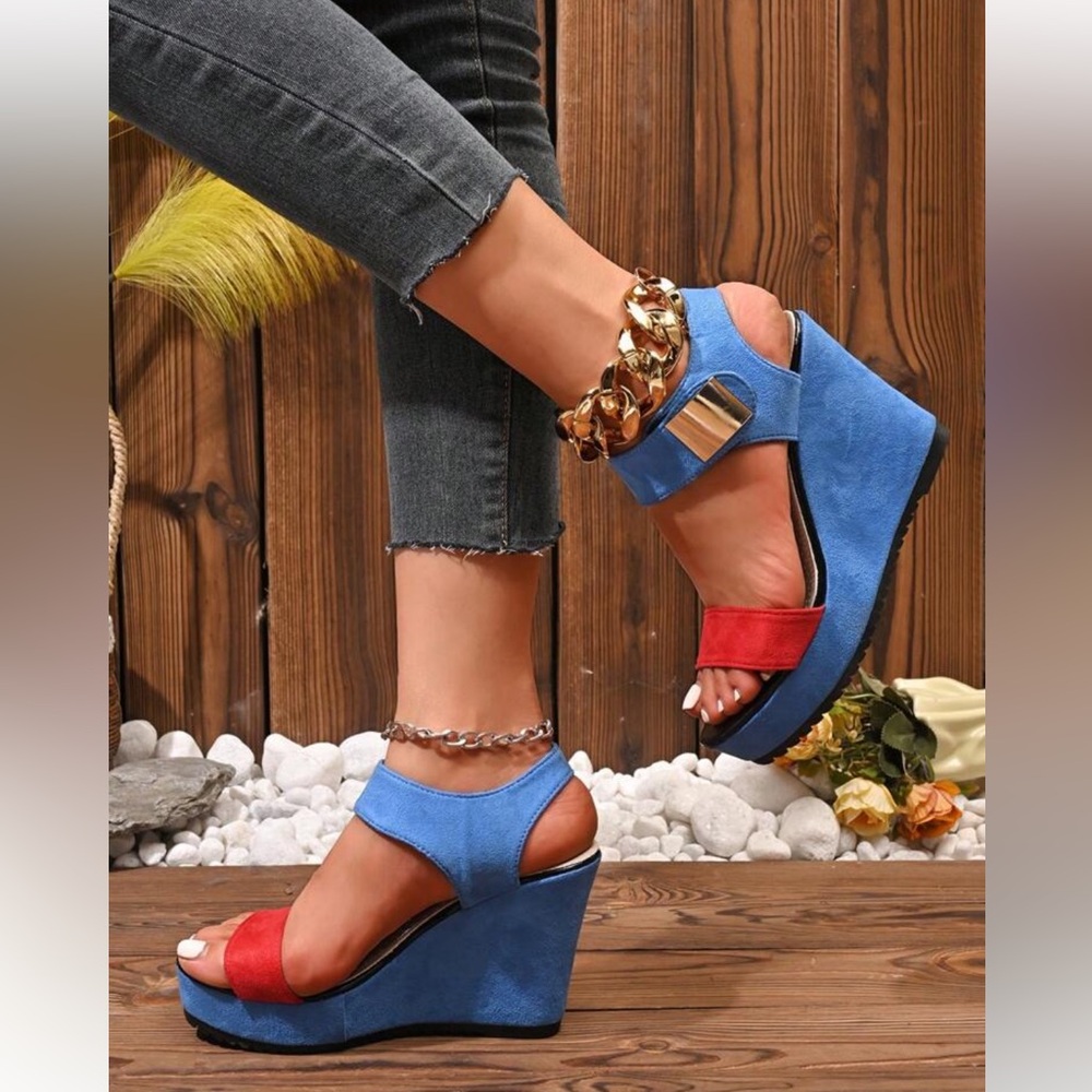 SHEIN Blue and Red Colorblock Suede Platform Wedge Open Toe Sandals Size 7.5 NWT